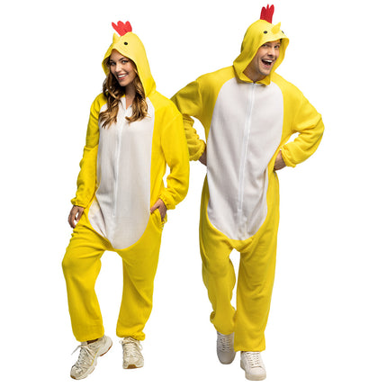 Geel pluche kippenpak volwassenen jumpsuit