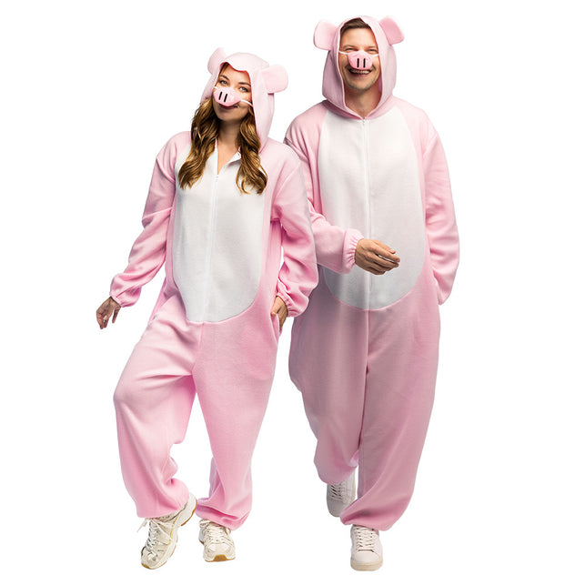 Roze pluche varkenspak volwassenen jumpsuit