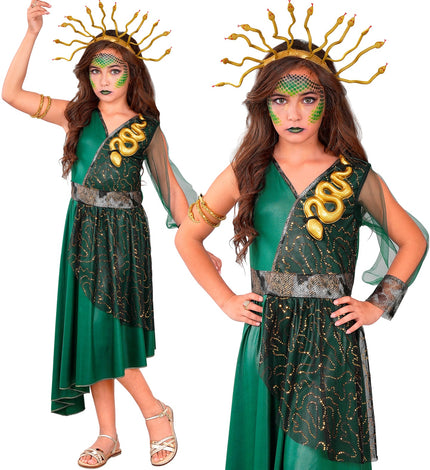 Medusa jurk meisjes groen met gouden slang op de schouder en haarband met slangen, voor Halloween