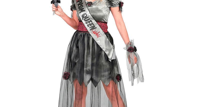 Zombie gala koningin jurk dames grijs met zwarte gerafelde tule, rode taillesjerp en tiara voor Halloween