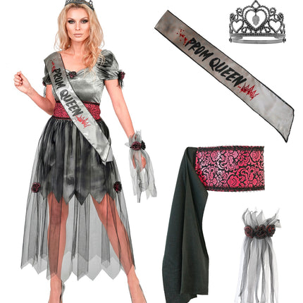 Zombie gala koningin jurk dames met losse onderdelen: PROM QUEEN-sjerp, tiara, rode taillesjerp en pols-corsage
