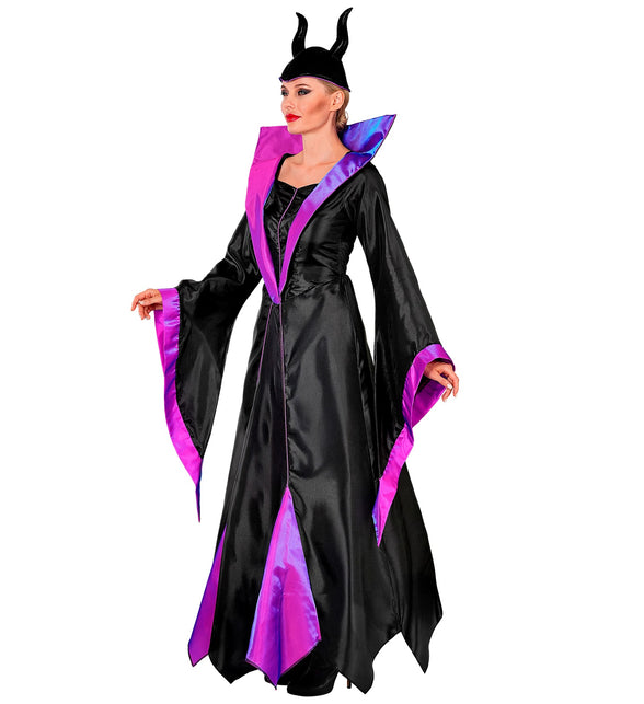 Malefica jurk dames zijaanzicht met lange zoom in punten en paars gevoerde mouw
