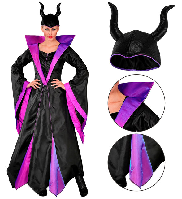 Malefica jurk dames met detail van het zwarte hoorntjeskapje en de paarse kraagpunt