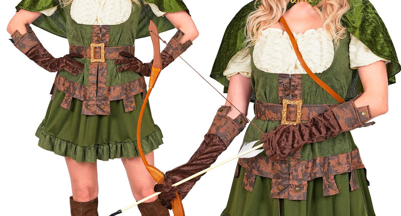 Robin van Sherwood jurk dames in bosgroen met velours capelet, bruine riem en lange handschoenen