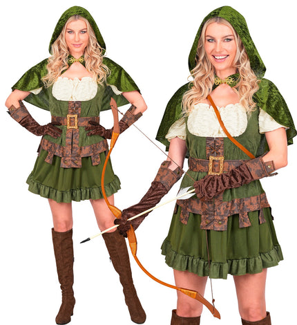 Robin van Sherwood jurk dames in bosgroen met velours capelet, bruine riem en lange handschoenen