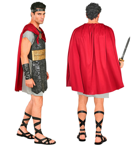 Achterkant van de romeins centurion tuniek met lange rode cape over de grijze tuniek