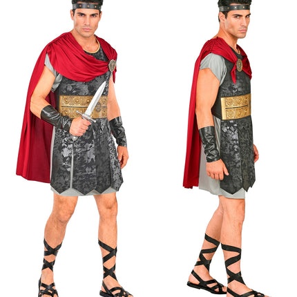 Centurion tuniek heren van voren en van de zijkant met gedrapeerde rode schoudercape