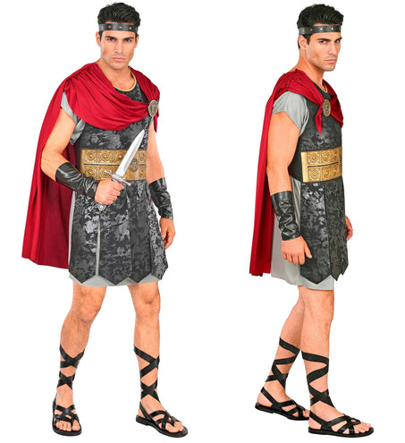Centurion tuniek heren van voren en van de zijkant met gedrapeerde rode schoudercape