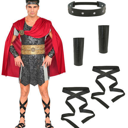 Onderdelen van het centurionkostuum: hoofdband, twee armbanden en lange zwarte beenbanden