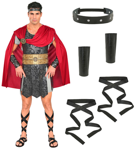 Onderdelen van het centurionkostuum: hoofdband, twee armbanden en lange zwarte beenbanden