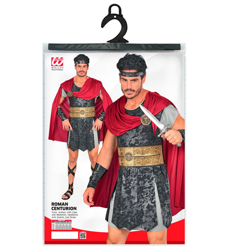 Romeins centurion kostuum heren op de verpakking met maattabel S tot XXL