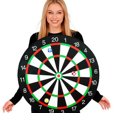 Dames dragen het dartbord kostuum met drie klittenbandballen in de speelvelden