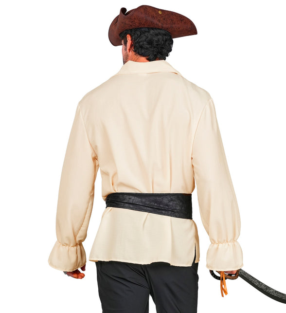 Achterkant piratenshirt heren, effen ecru rug met sjerp om het middel