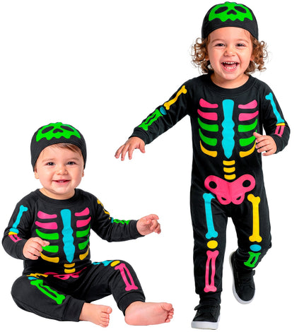 Gekleurd skelet jumpsuit voor jongens vooraanzicht – kostuums