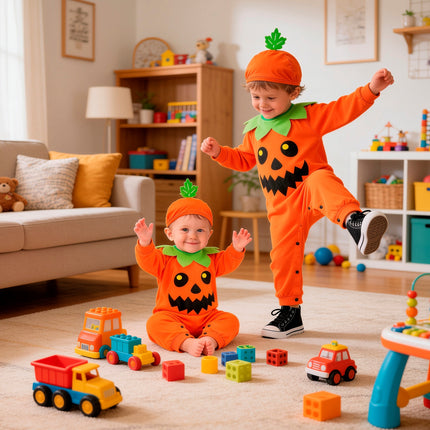 Twee kinderen in oranje pompoen jumpsuit met pompoenmuts spelend tijdens een Halloweenfeestje