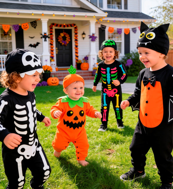 Kind in vleermuis jumpsuit tijdens Halloween, zwart pak met oranje bef en vleermuismuts