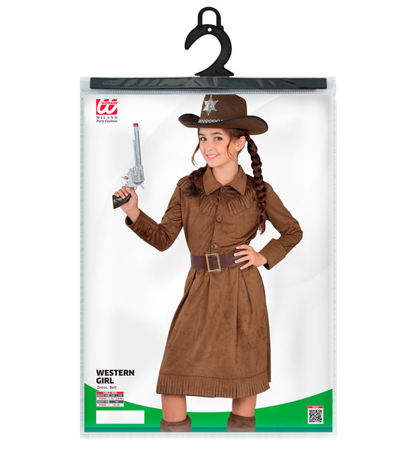 Verpakking van de western girl jurk met maten 128, 140 en 158 cm