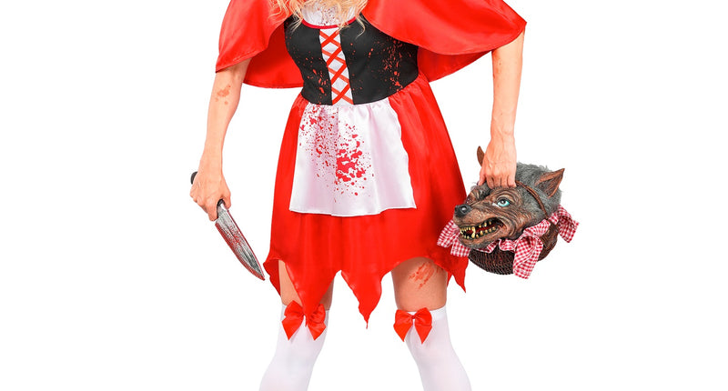 Zombie rode capelet jurk dames met bloedspatten, capuchon en witte kousen voor Halloween