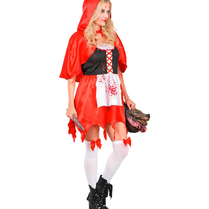 Zombie rode capelet jurk dames zijaanzicht met gekartelde zoom en rode capuchon