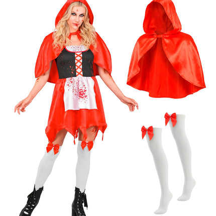 Zombie rode capelet jurk dames met losse capelet met capuchon en witte kousen met rode strik