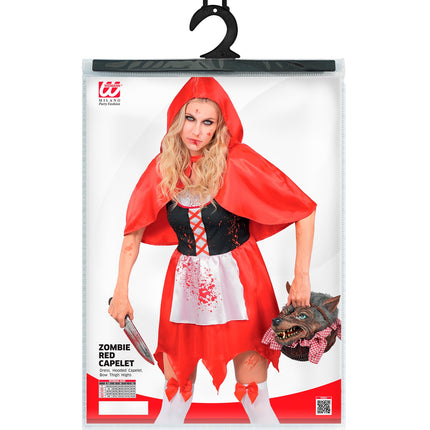 Zombie rode capelet jurk dames in verpakking met maattabel XS tot XL