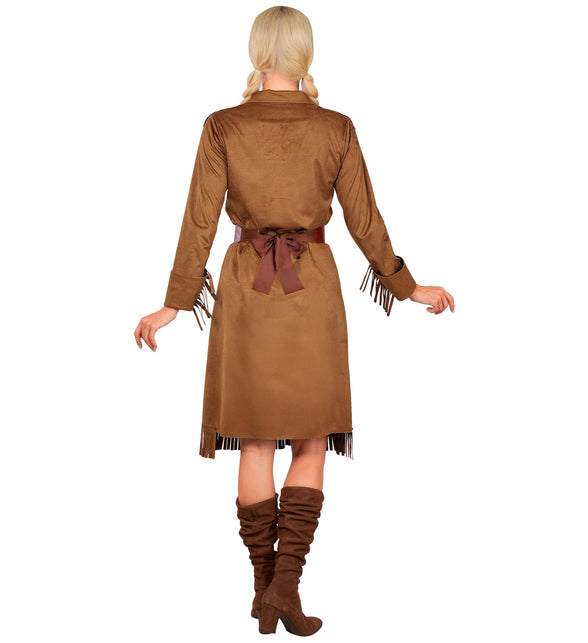 Achterkant van de western girl jurk dames met strik in de taille en franjezoom