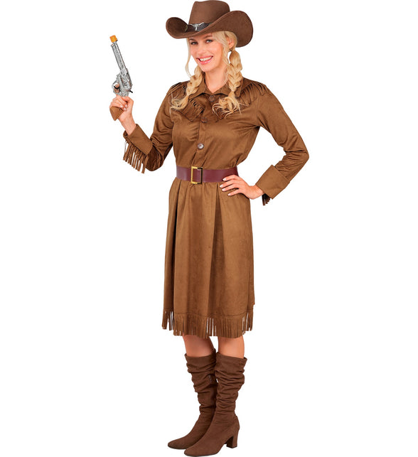 Bruine cowgirljurk dames met franjes op het schouderstuk, gedragen op een wildwestfeest