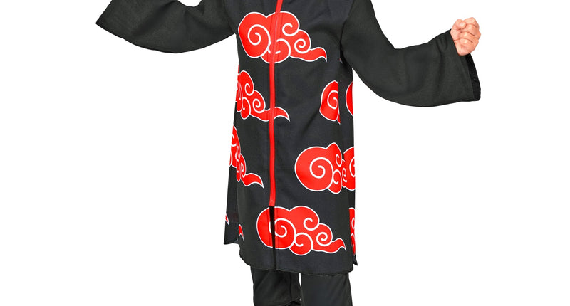 Ninja tuniek jongens in zwart met rode wolkenprint en rode rits, knielang model