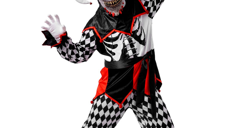 Sinistere nar kostuum jongens met zwart-wit ruitpatroon, masker en zotskap voor Halloween