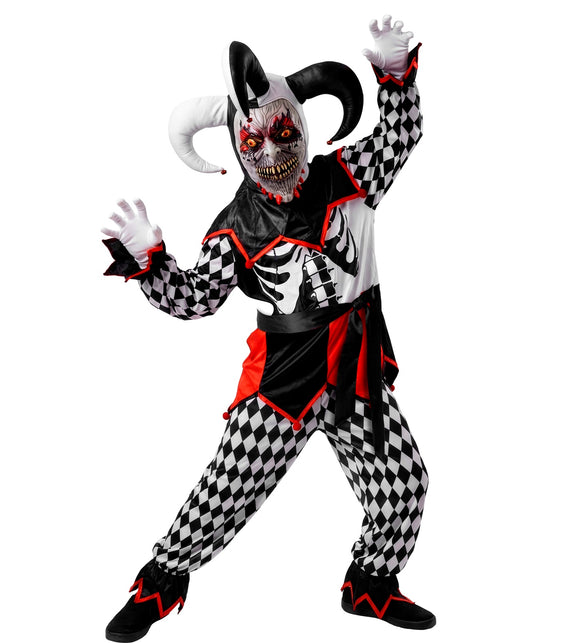 Sinistere nar kostuum jongens met zwart-wit ruitpatroon, masker en zotskap voor Halloween