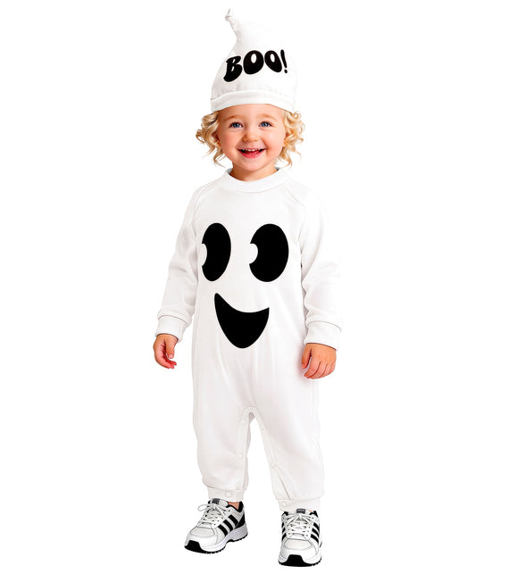 Witte spook jumpsuit kinderen staand, lange raglanmouwen en puntig kapje met BOO