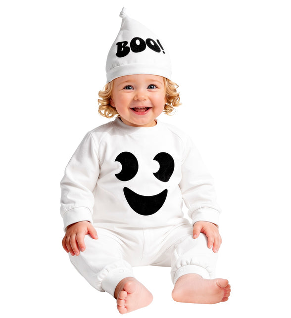 Spook jumpsuit kinderen zittend gedragen, wit pak met lachende spookogen en kapje