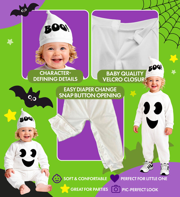 Detail spook jumpsuit kinderen: klittenband achter, drukknopen in de broekspijpen en kapje