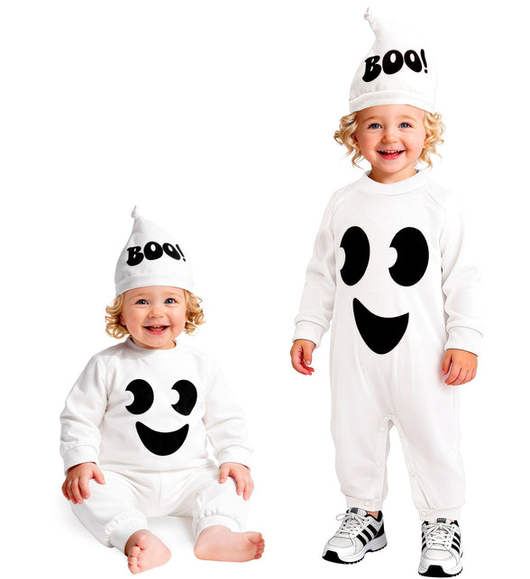 Spook jumpsuit kinderen met kapje, wit met zwart spookgezicht en BOO-opdruk, voor Halloween