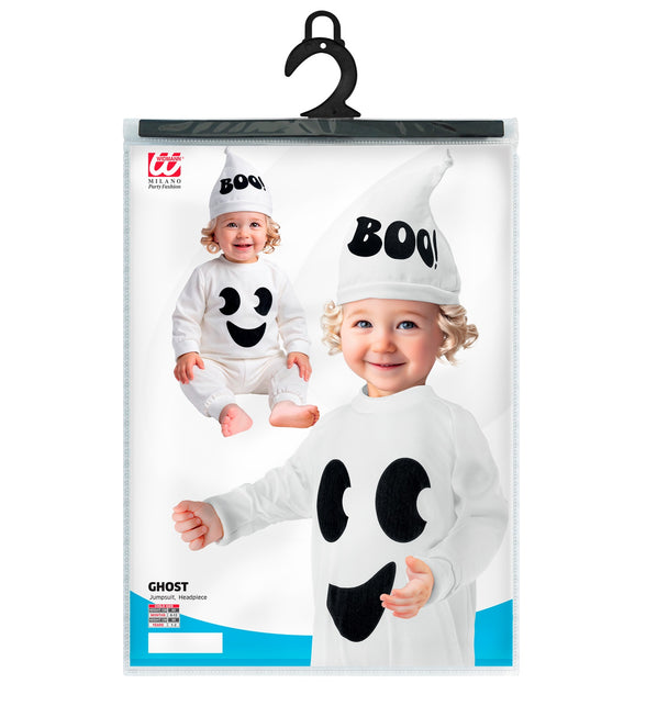 Verpakking spook jumpsuit kinderen met kapje, spookkostuum voor Halloween