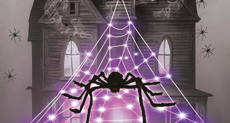 Led spinnenweb 5 meter met violette lampjes en grote zwarte spin tegen spookhuis, Halloween decoratie