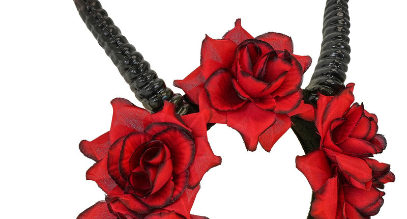 Hoofddeksel met hoorns en rood rozen voor dames vooraanzicht – accessoires