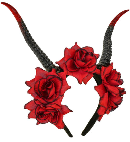 Hoofddeksel met hoorns en rood rozen voor dames vooraanzicht – accessoires