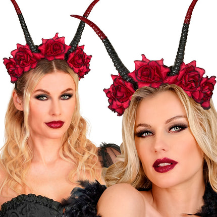 Hoofddeksel met hoorns en rood rozen voor dames achterkant – accessoires