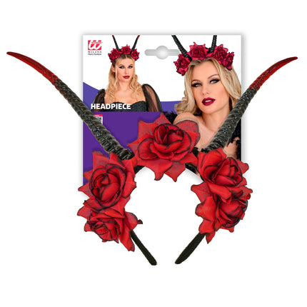 Hoofddeksel met hoorns en rood rozen voor dames zijaanzicht – accessoires