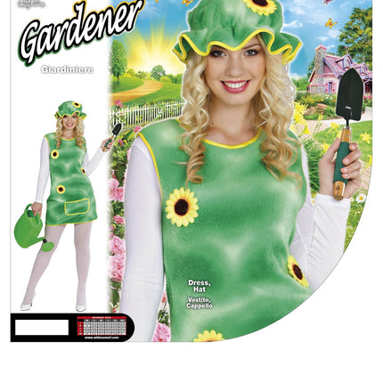 Zonnebloem jurkje Annelie compleet, bloemenmeisje tuin kostuum met hoed dames