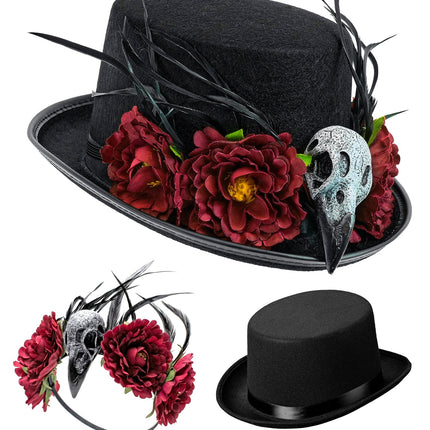 Hoge hoed voodoo gier schedel en bloemen achterkant – hoeden