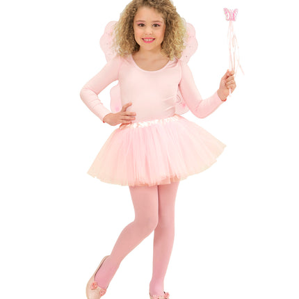 Roze fee verkleedset close-up, tutu met vleugels detail