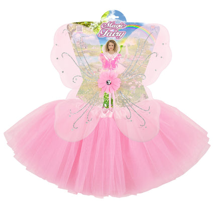 Roze feeenset meisje compleet, tutu vleugels feenstaf verkleedkleding