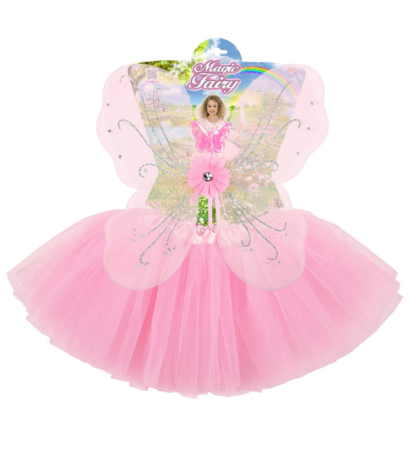 Roze feeenset meisje compleet, tutu vleugels feenstaf verkleedkleding