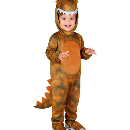 Dinosaurus jumpsuit voor jongens op kleuter, met kap over het hoofd en witte tandenrand