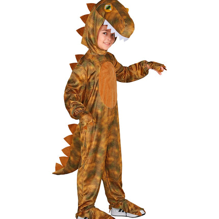 T-Rex jumpsuit jongens zijaanzicht met schubbenprint en oranje stekels over rug en staart