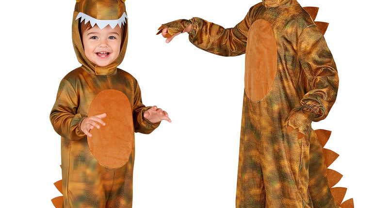 T-Rex jumpsuit jongens in bruin met oranje buikstuk, stekelstaart en kap met dinotanden