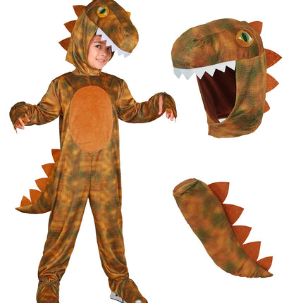 T-Rex jumpsuit jongens met los weergegeven dinokap met open bek en losse stekelstaart