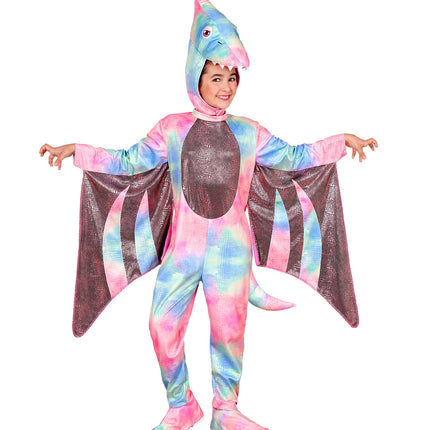Pterodactyl jumpsuit meisjes vooraanzicht met bruine vleugelpanelen en roze buikstuk